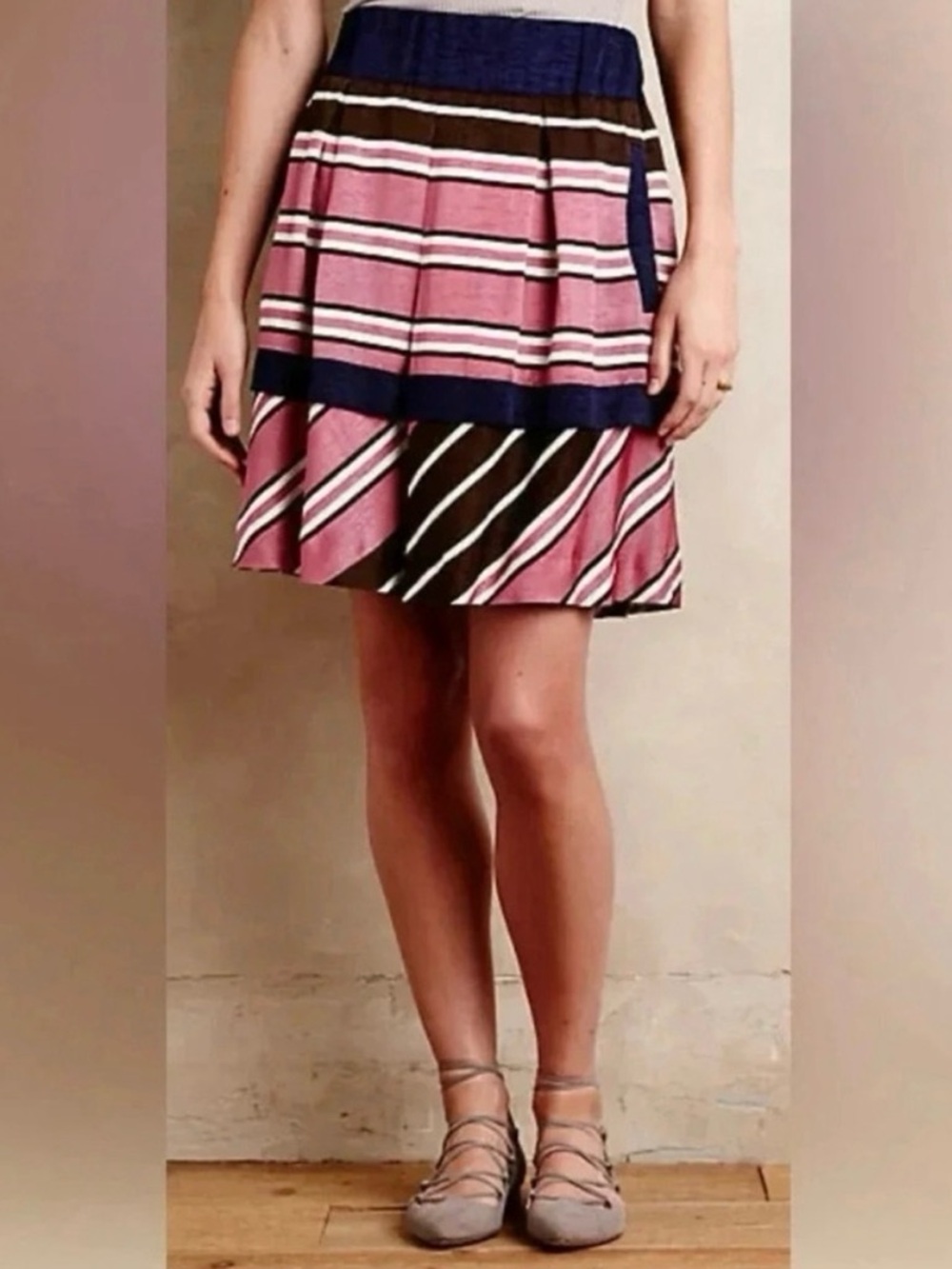 Anthro Maeve Striped A-Line Mini Skirt Pockets Size 12 Boho Office